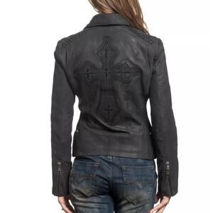 AFFLICTION Leather Jacket Women's Small NWT #99 Livestock Biker MMA Cross Zipper
